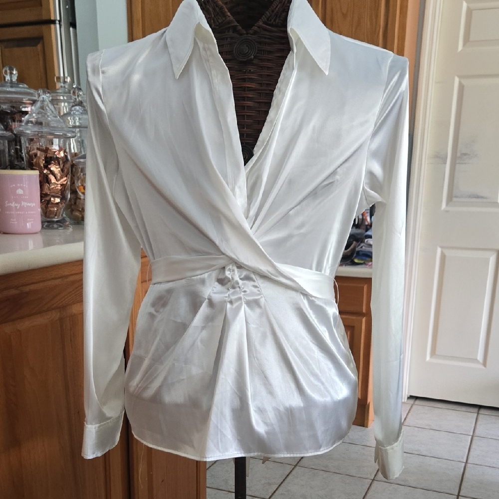 New York & Company White Fitted Wrap Blouse